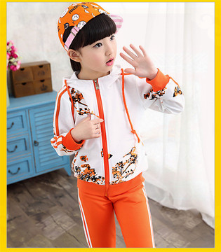 女童春季休闲韩版套装2016新款儿童连帽两件套学生蝴蝶花拉链开衫
