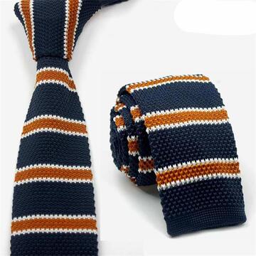 绅士潮男正装休闲时尚高档南韩丝橙白条纹深灰色平头针织窄领带