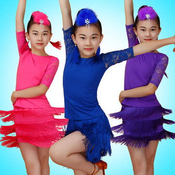儿童拉丁舞裙流苏套装幼儿舞蹈服女蕾丝儿童练功服短袖分体比赛服