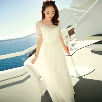 度假沙滩白色长裙一字领串钉珠镶钻蕾丝雪纺连衣裙夏波西米亚长裙