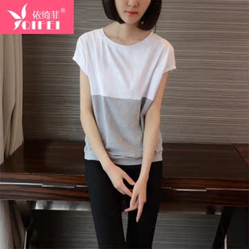 2015夏季新款韩版大码女装 宽松短袖T恤百搭上衣拼色打底衫潮