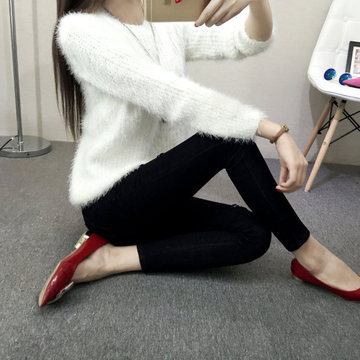 韩国代购2015新款版女装时尚海马毛毛衣圆领套头短款加毛衣打底衫