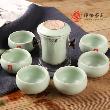 汝窑红茶哨子茶具套装 陶瓷玻璃双耳杯茶壶快客杯 玻璃茶泡茶器