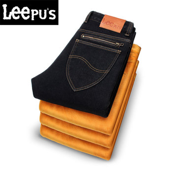 LEEPU'S牛仔裤男冬季加绒加厚中腰修身小脚弹力黑色专柜正品保暖