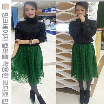 韩版时尚套装裙衫 长袖高领粗纹毛衣绿裙色
