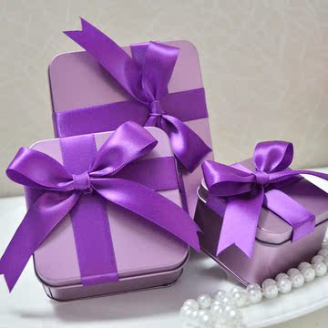 高贵紫色方形马口铁喜糖盒紫色蝴蝶结 欧式创意糖盒成品发货