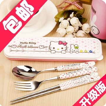 Hello Kitty日版韩版不锈钢筷子勺子可爱卡通学生便携三件套餐具