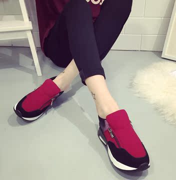 2015秋冬韩版新款低帮平底休闲鞋女鞋松糕跟侧拉链高运动鞋旅游鞋