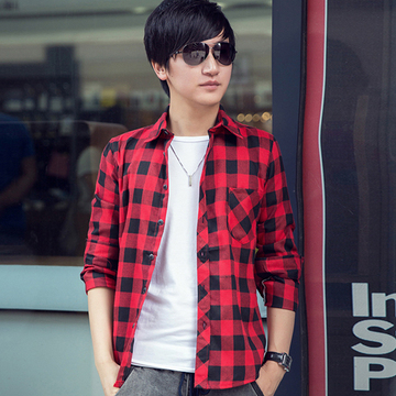 2015秋装新款男装红色格子衬衣韩版青少年学生男士磨毛长袖衬衫男