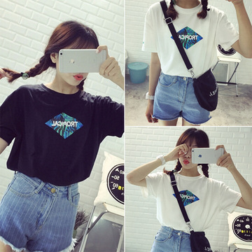 批发2016夏季韩版大码短袖女装t恤 新款女学生宽松上衣一件代发