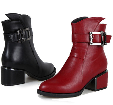 2015秋冬新款真皮短靴英伦风红色高跟单靴 粗跟加绒保暖女靴子 潮