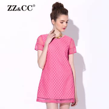 ZZCC2015夏装新款大码女装胖MM蕾丝拼接欧根纱短袖拼接连衣裙