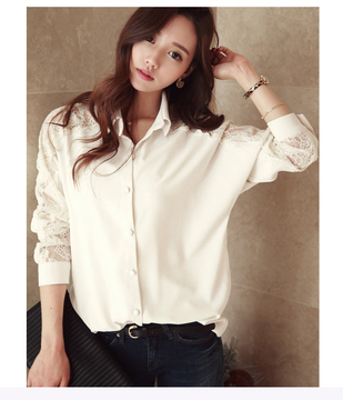 品质2015春款韩版潮女装闺蜜装好看长袖优雅 雪纺蕾丝镂空衬衫
