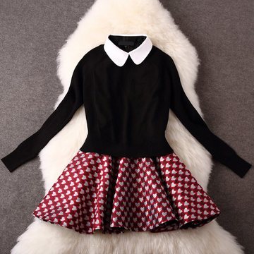 2015欧美风秋装长袖针织衫+娃娃领蓬蓬裙2件套时尚连衣裙女装修身