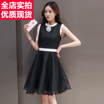 实拍2016夏装新款韩版女装修身圆领纯黑色无袖显瘦性感连衣裙