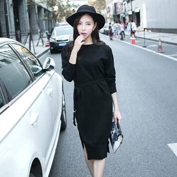2015年秋装新品韩版打底纯黑色修身中长款a字针织连衣裙
