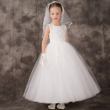 春款儿童礼服 女童白色长款婚纱裙大童钢琴演出晚礼服 花童礼服裙