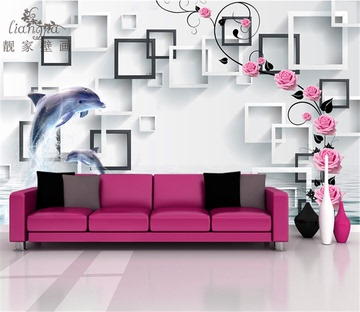 现代海豚立体小花大型壁画电视背景墙壁纸客厅餐厅3d无缝自粘墙纸