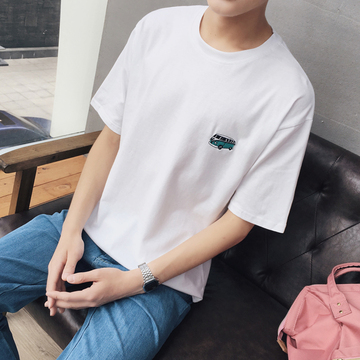 夏季青少年男士简约韩版可爱小汽车刺绣圆领休闲直筒套头短袖T恤