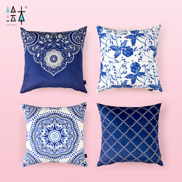 绘本蓝色简约现代青花系列抱枕沙发靠垫中式创意布艺靠枕家居靠包