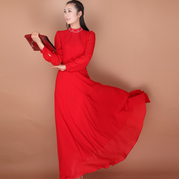 中国风原创品牌夏立领钉珠收腰长袖纯色连衣裙气质修身大摆长裙