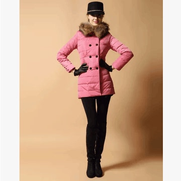 正品反季2013款Y-1338雅鹿金朵绒大毛领中长款皮粉色女式羽绒服