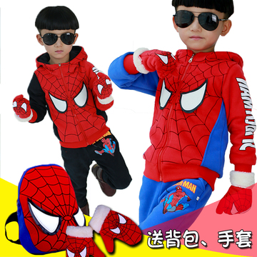 童装男童冬装套装2015秋新款中大童加绒加厚长袖保暖蜘蛛侠两件套