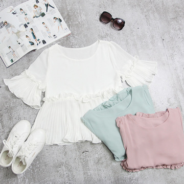 2016夏季韩国新版木耳边喇叭袖百褶裙摆纯色雪纺衫中袖T恤女上衣