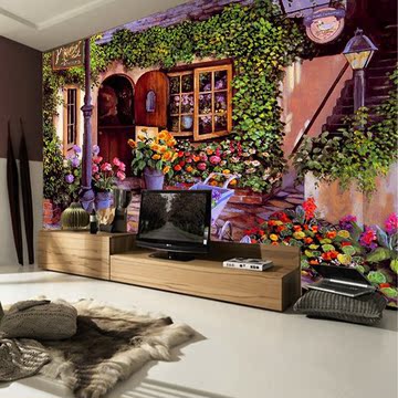 咖啡店欧式美式田园客厅卧室背景花草植物油画 无纺布墙纸