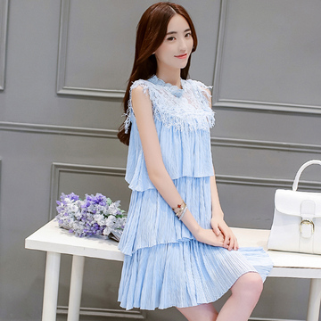 2016夏季新款韩版无袖中长款蕾丝拼接女小香风白色雪纺蛋糕连衣裙