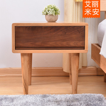 白橡木床头柜胡桃木色单抽屉原木色日式简约圆腿纯实木角柜床边柜