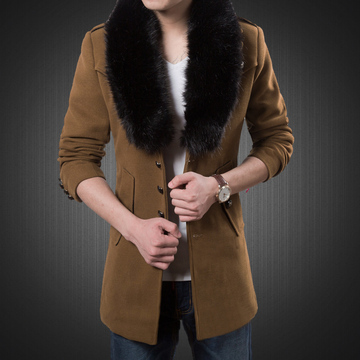 2015新款男士加厚羊毛呢大衣青年中长款修身外套潮毛领呢子风衣男