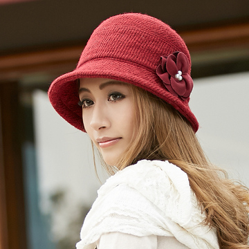 冬季女士帽优雅针织帽可爱毛线盆帽珍珠花朵帽休闲保暖圆顶渔夫帽