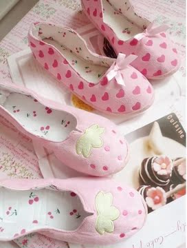 粉粉小草莓 甜美爱心蝴蝶结孕妇鞋 软底包跟月子鞋 家居布鞋
