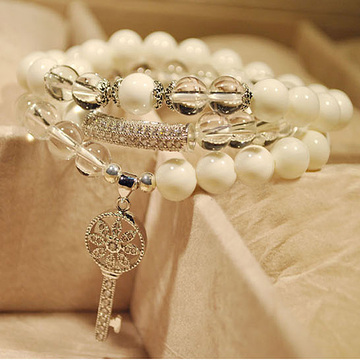 天然白砗磲玛瑙白水晶108颗佛珠开光 纯银防过敏手链高端时尚饰品