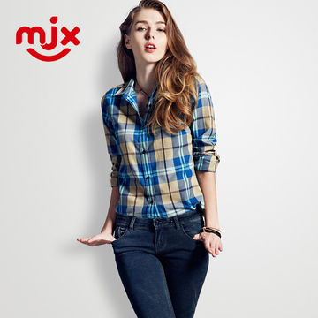 MJX2015秋装新款磨毛长袖格子衬衫 女修身打底休闲衬衣韩版女装