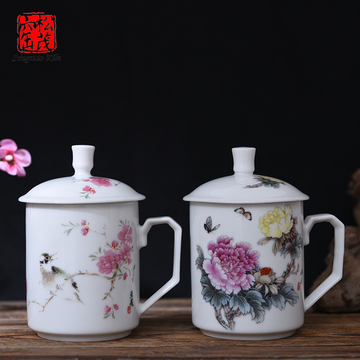 景德镇陶瓷大容量大茶杯带盖家用老板杯水杯办公会议手绘杯子