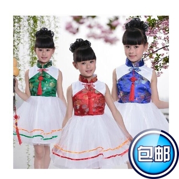 新款儿童古筝民族舞蹈演出服中国风葫芦丝表演服青花瓷连衣纱裙