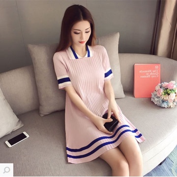韩国秋装新款女装翻领学院风螺纹针织修身显瘦粉色短袖连衣裙AE63