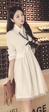 春季韩版白色修身显瘦中长款长袖衬衫网简约纱拼接女士打底裙女装