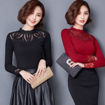 2015冬季新款韩版加绒加厚大码保暖网纱修身镂空拼接蕾丝衫打底衫