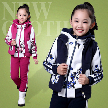 童装女童2015新款冬装儿童套装加厚中大童加绒休闲卫衣三件套冬季