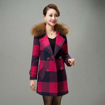 新款冬装女韩版毛呢大衣貉子毛领修身中长款中年女装毛呢外套格子
