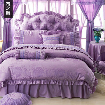 韩版床上四件套 纯棉贡缎蕾丝被套床裙婚庆床品 结婚六八件套紫色