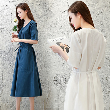 2016年夏季韩版全纯棉收腰中长款显瘦圆领短袖纯色连衣裙简单女装