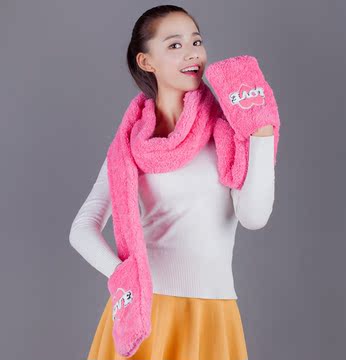 新款韩版秋冬保暖女围脖可爱双层潮加厚珊瑚绒围巾手套一体 特价