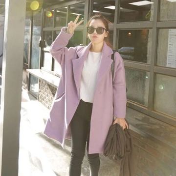 【糖糖家】2015秋冬高品质韩国时尚加厚紫粉色宽松毛呢外套大衣女