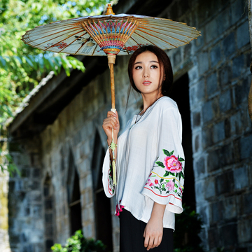 尤瑾2016春夏民族风女装中国风刺绣纯色文艺中式改良衬衫宽松上衣