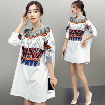 2015秋季新款韩版修身显瘦 针织拼接圆领撞色衬衣女式时尚打底衫