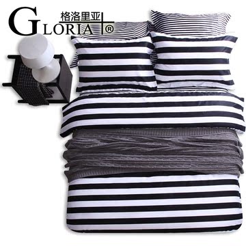 欧美黑白格子条纹四件套 活性黑白床单被套床上用品